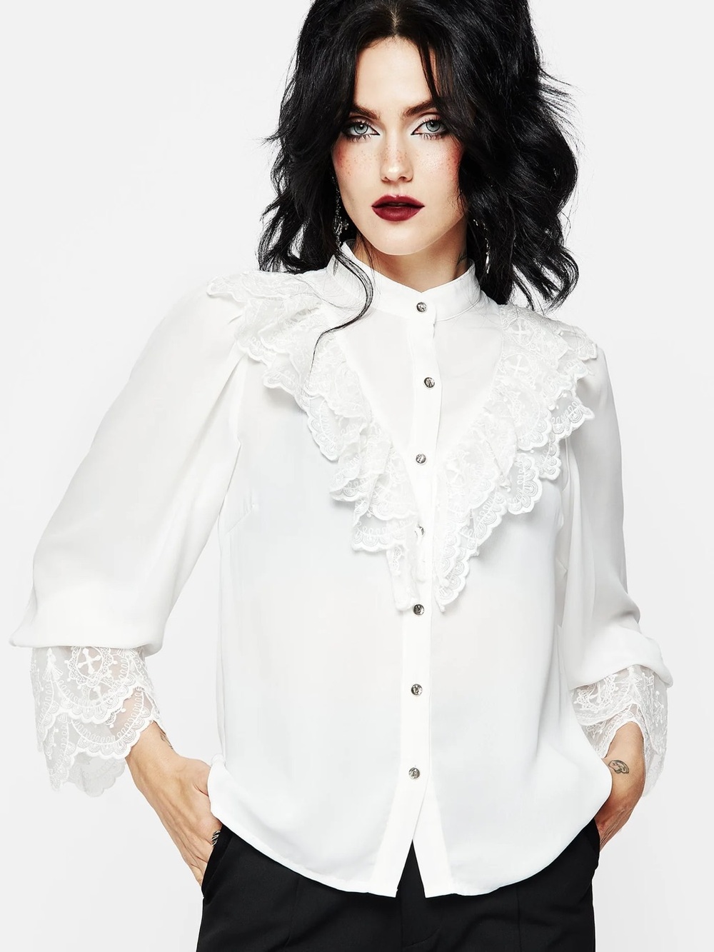 DISTURBIA Women’s Constance lace Frill button up white blouse top